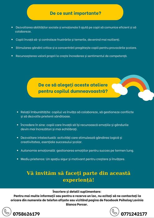 Ateliere de dezvoltare socio-emoțională și cognitivă pentru copilași