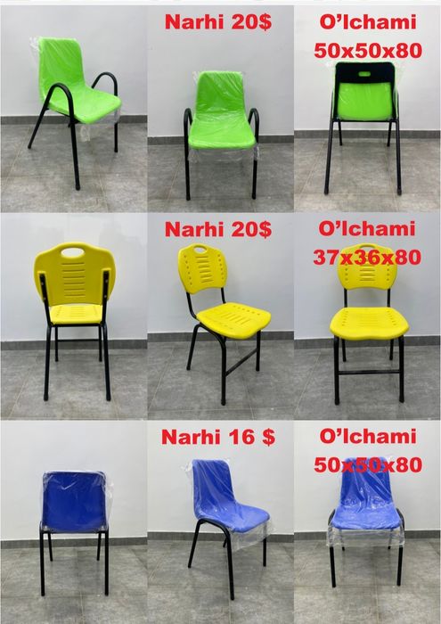 Школьные парты в нейтральных цветах и стулья красочных цветов.