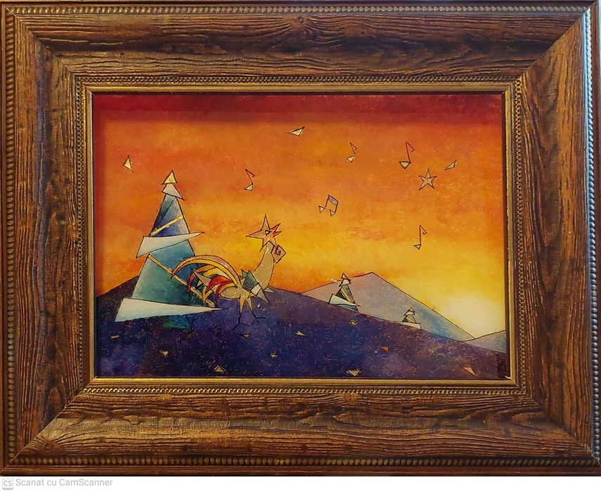 Tablou,pictură, miniatură pe sticlă, idee  cadou,cocoș