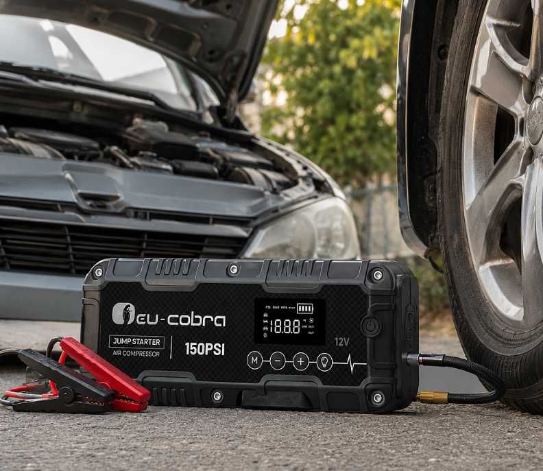 Нов Джъмп стартер Eu-Cobra 4 в 1 с 24000 mAh, компресор 150 PSI старт бустер 4000A + компресор + power bank + фенер запалете Модел q10 и q29