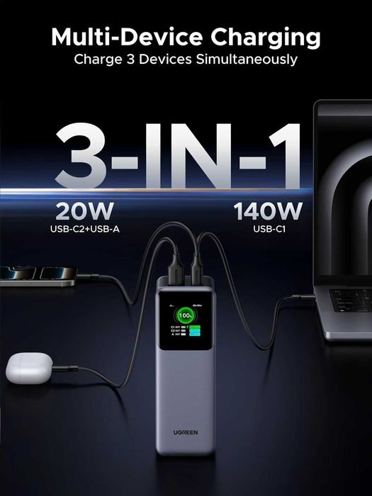 Мощна външна батерия UGREEN Nexode 200W 25000mAh с цветен дисплей