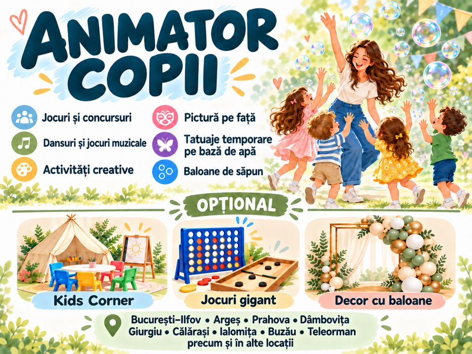 Animator petreceri pentru copii | Kids corner | Ateliere creative | Jocuri gigant | Decor | Mașină de baloane