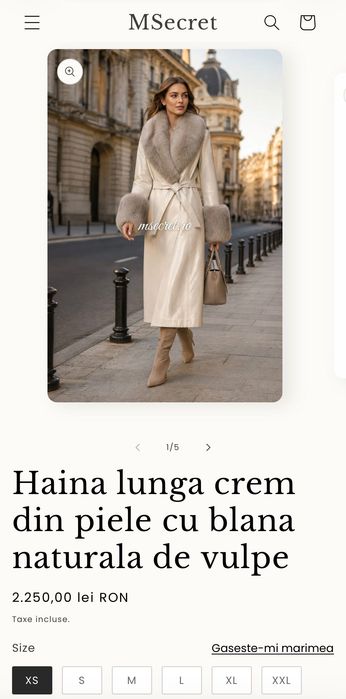 Vand haina crem de piele naturala NOUA,  cu guler si mansete din blana de vulpe argintie detasabile