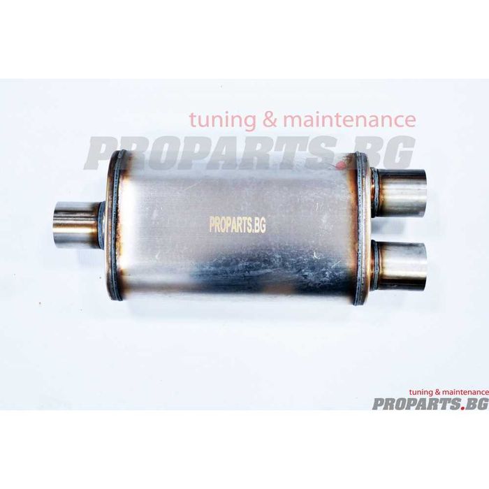 Плоско спортно гърне ауспух с един вход и два изхода на 63 или 76 mm