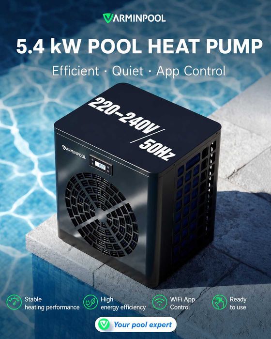 Нова Термопомпа за басейн 5.4 kW VARMINPOOL, отопление/охлаждане, WiFi