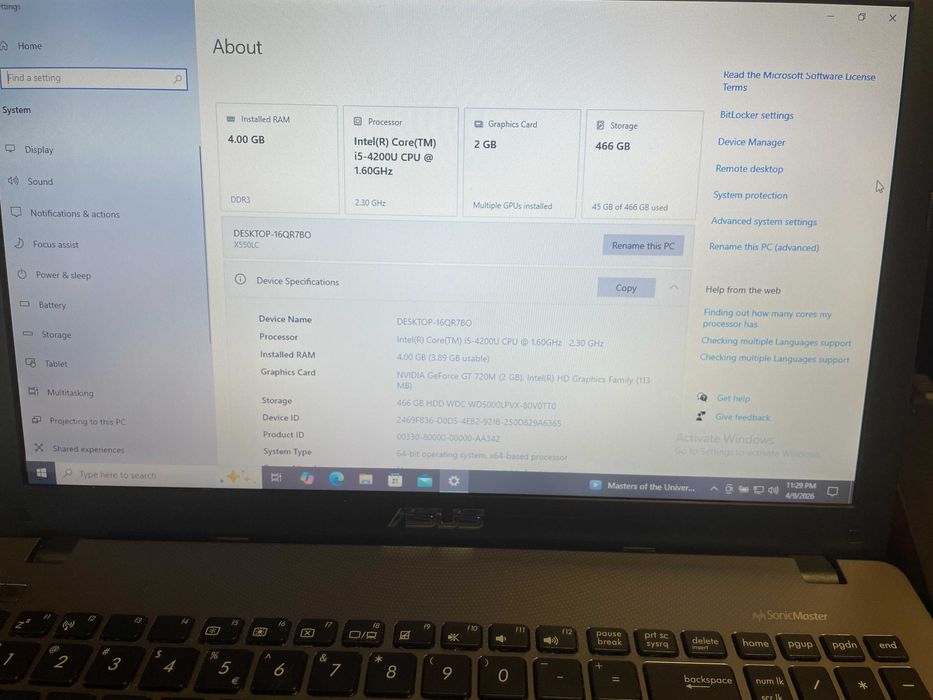 Vand Laptop Asus X550L 4Gb RAM, IntelCore i5-4200CPU-1,60Ghz, in stare de functionare, 250 lei