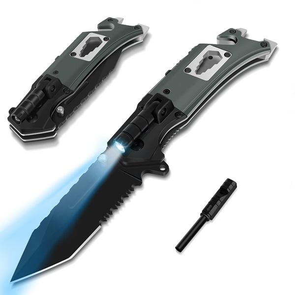 Cuțit de buzunar multifunctional 9 in 1, pliabil, lumină LED, 21 cm