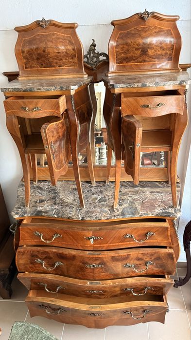 Mobila Vintage Set Comoda Oglinda 2 Noptiere Lemn Masiv Marmura Intarsii Antic