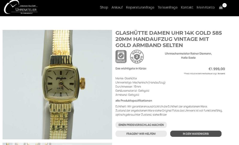 Ceas dama original Glashotte, din aur,