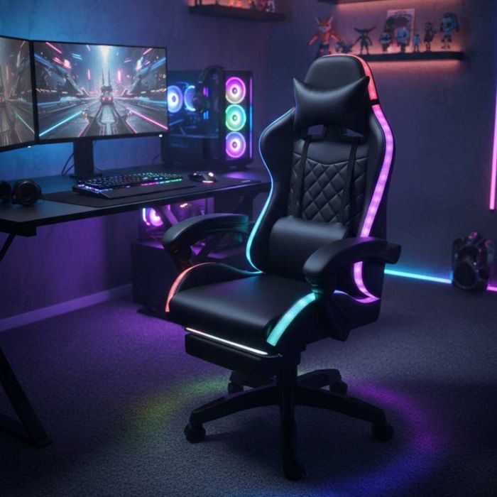 Геймърски стол с масаж, LED осветление и поставка за крака ергономичен