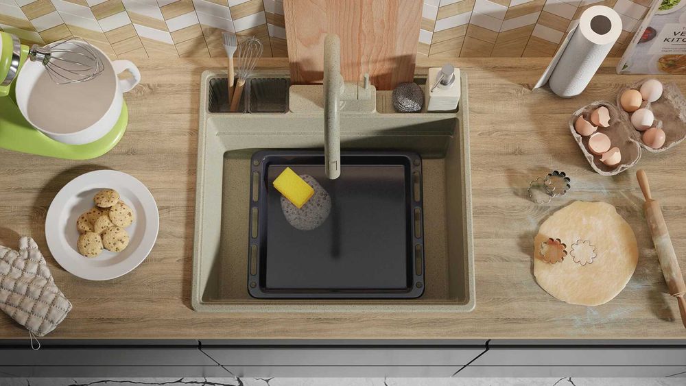 Беж кухненска мивка от гранит Ню Йорк 60 Multispace 580 x 530 мм