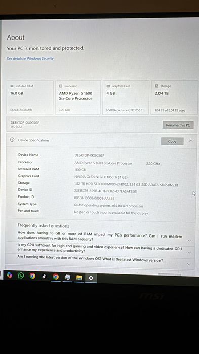 SISTEM AMD R5 1600 + Monitor MSI 60hz