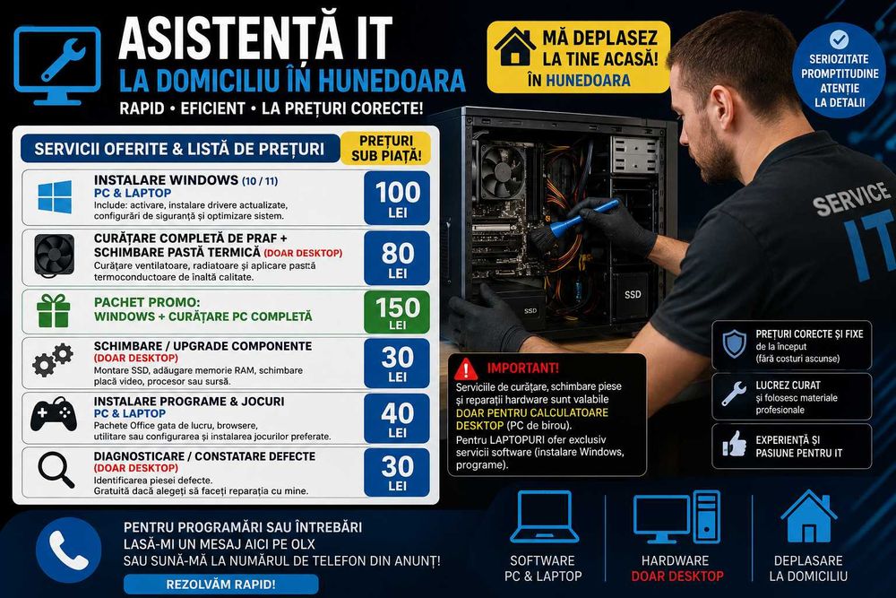 Service PC la domiciliu - Instalare Windows, Curățare interior/Pastă, Depanare
