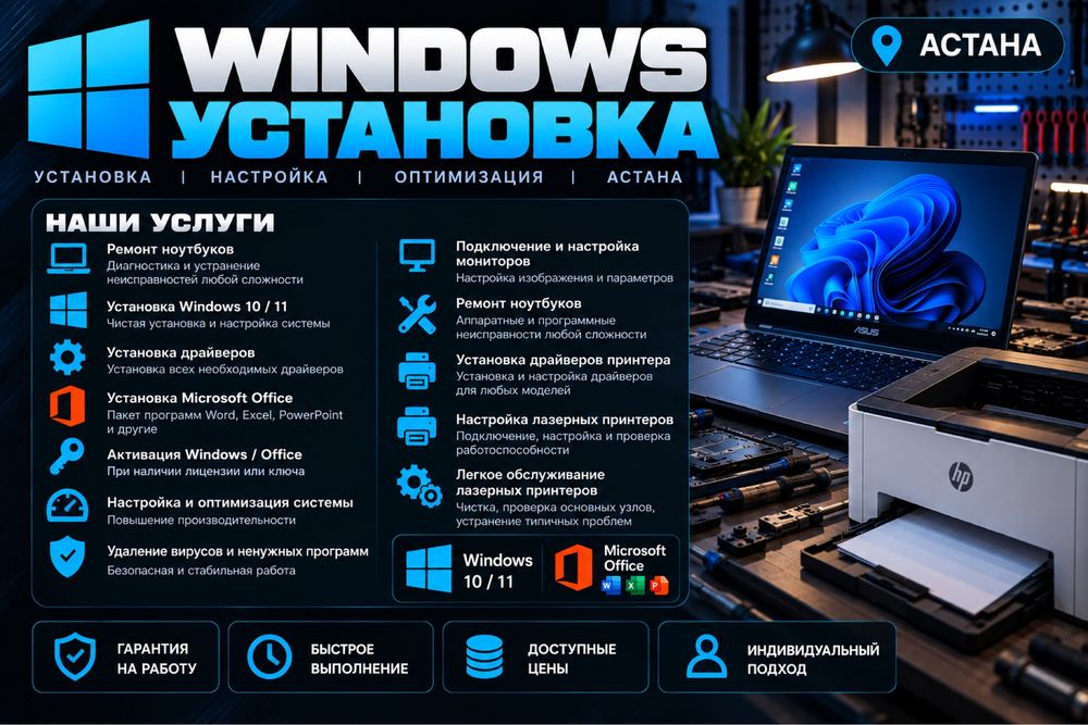 Установка Windows и ремонт ноутбуков Астана