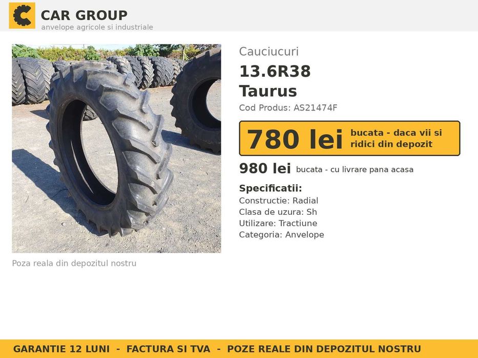 Anvelope Cauciucuri 13.6R38 13.6-38 340/85R38 13638 Taurus Tractor Punte Spate Tractiune SH Second Hand IEFTIN Garantie 1 An Factura TVA