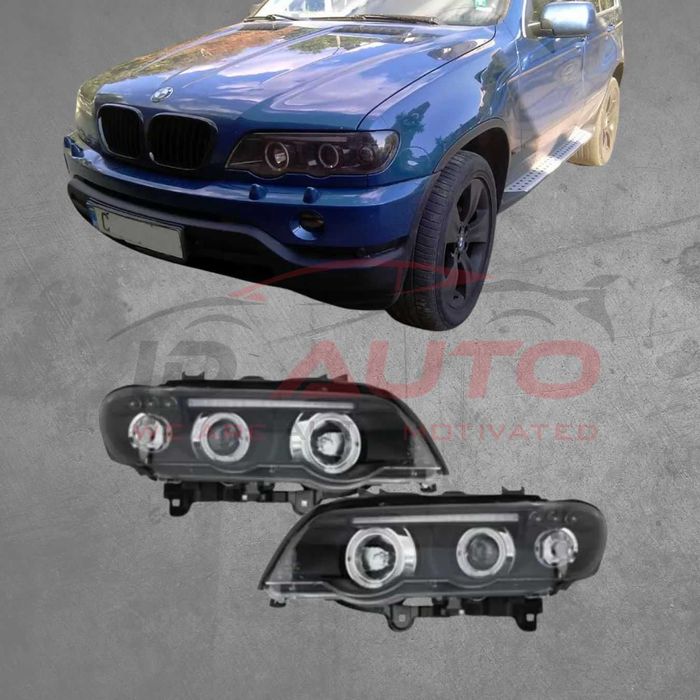Тунинг Кристални фарове с Angel Eyes за BMW X5 Е53 (99-03) - черни