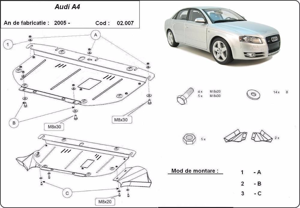 Scut metalic pentru motor Audi A4 2005-2008 - otel 2mm