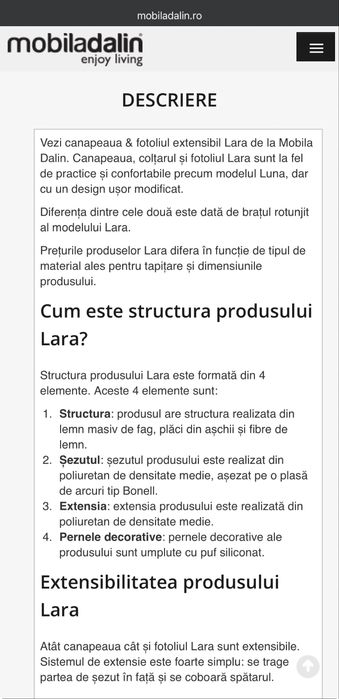 De vanzare Canapea Extensibila 2 locuri Lara produsa de Mobila Dalin