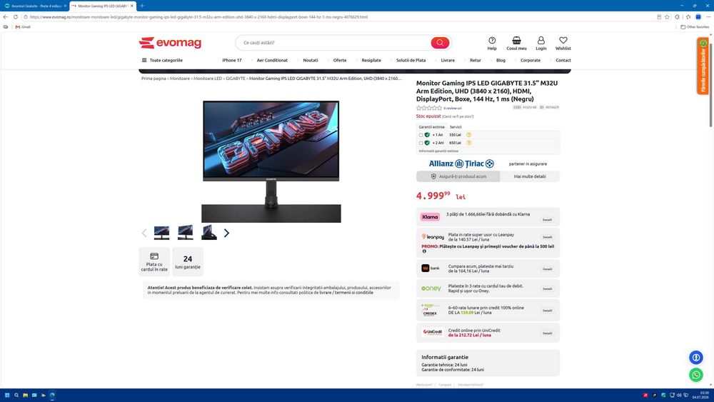 Monitor Gaming LED IPS Gigabyte Arm Edition 31.5", UHD (3840x2160), 144Hz, 1ms