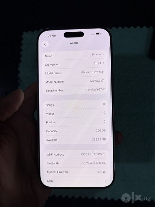 iphone 16 pro max pamit 256g yomkost 87 ideal holatda oqip qlila