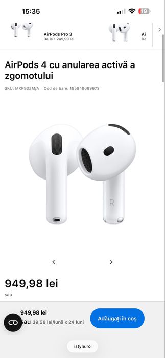 Casti APPLE AirPods 4, True Wireless, Bluetooth, In-Ear, Microfon