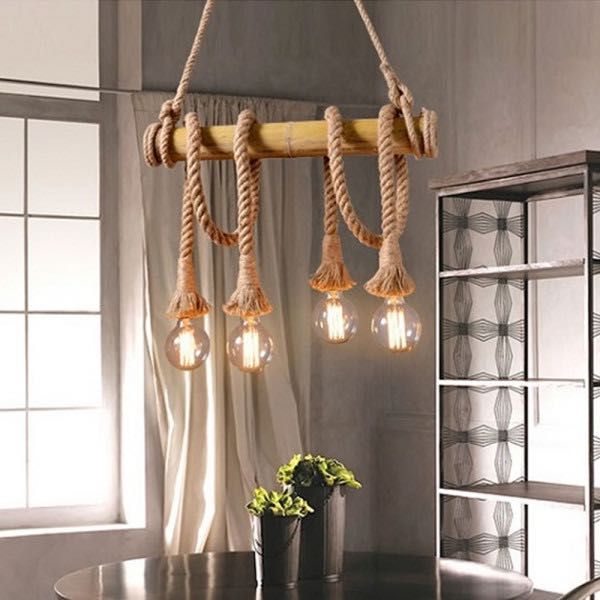 Луксозна бамбукова висяща лампа конопени въжета с фасунги винтидж,Е27,