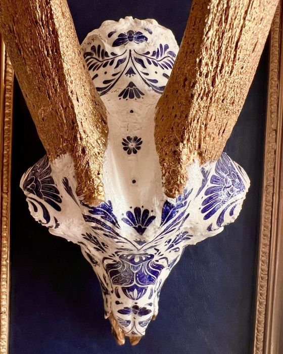 “Порцелановият” череп със старинна рамка и клалско синя кожа