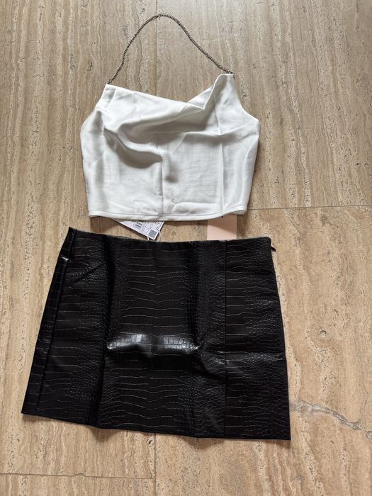Дамски сет черна кожена пола Mango и бял сатенен топ