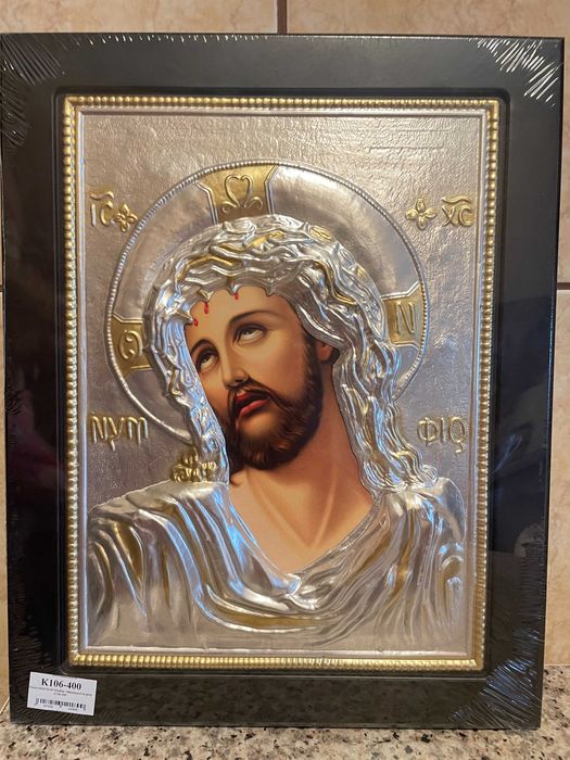 icoana argintata mantuitorul cu spini icoana veche dim 30x40 icoana