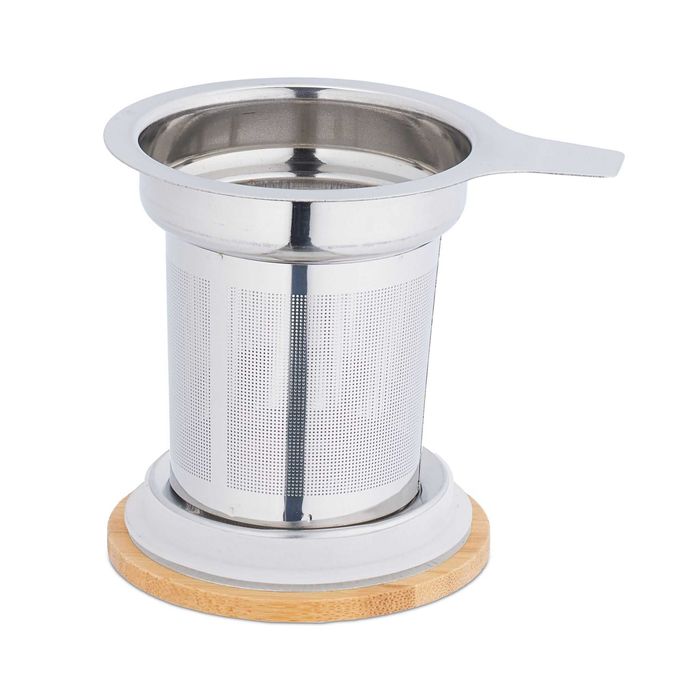 Cana din Sticla cu Infuzor si Capac din Bambus 430 ml cu Perete Dublu