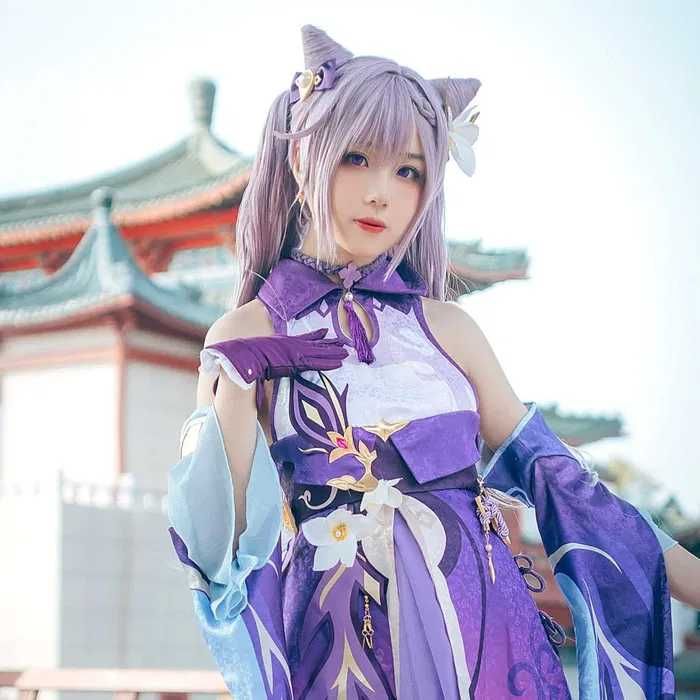Аниме косплей лилава перука с две опашки Genshin Impact Keqing Cosplay