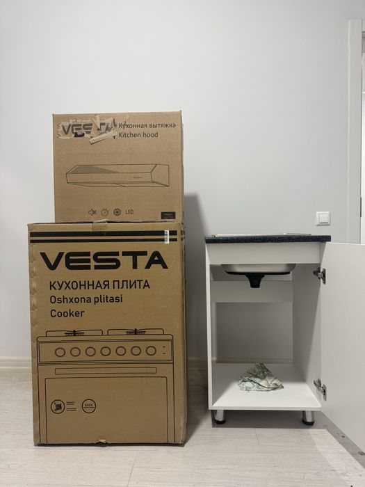 Янги газ плита, вытяжка Vesta, бонус - мойка шкаф ва раковина