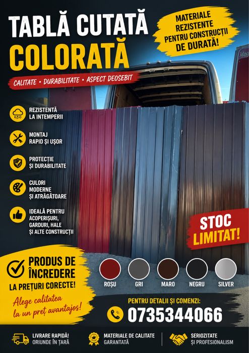 Tablă cutată metalică, rezistentă și durabilă. Prețul începe dela 20 lei bucata  Perfectă pentru garduri și construcții.