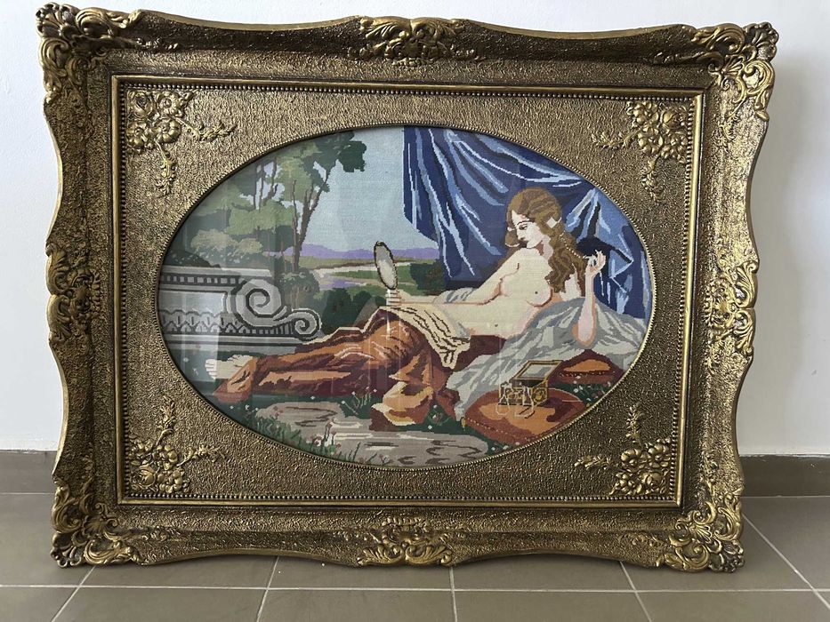 Tablou goblen mare cusut manual cu ramă aurie