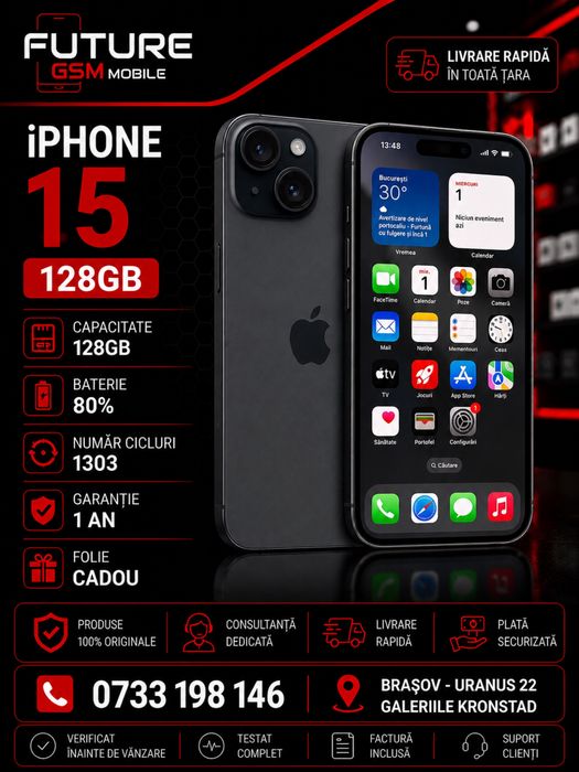 Iphone 15/128Gb/80% / 1 an garantie / Future Gsm Mobile