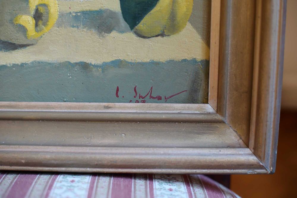 Tablou original 1983 Liviu Suhar 38,5 x 29,5 cm „Flori și gutui“ ulei pe carton