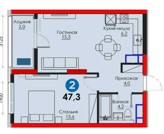 Квартира у ОЗЕРА! 2-комн.-47,3м2  Рассрочка от 5 млн сум в месяц,(S)