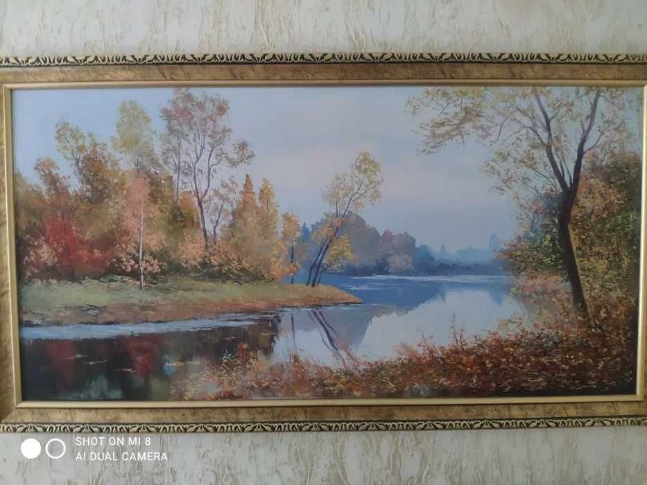 Картина осенний пейзаж в золотистой рамке масло