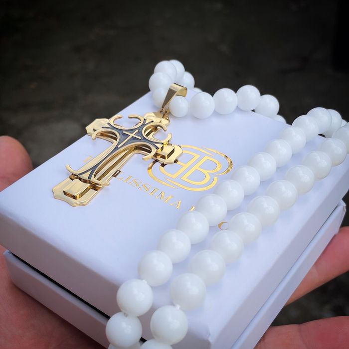 Мъжки Бял Гердан със Стоманен Кръст