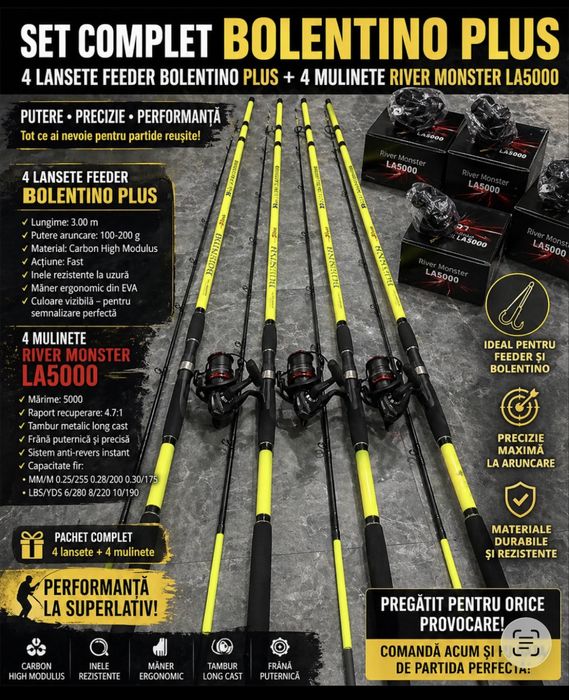 SET 4 Lansete Feeder BOLENTINO PLUS  + 4 Mulinete RIVER MONSTER LA5000