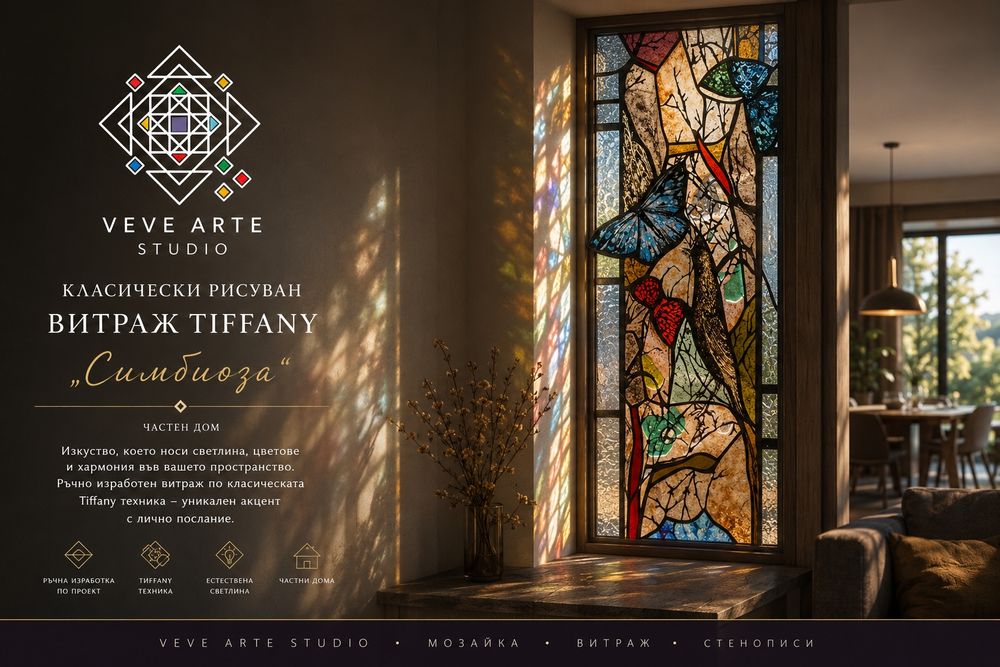 VEVE ARTE Studio
Авторски витражи и мозайки по индивидуален проект
Проектиране • Ръчна изработка • Монтаж