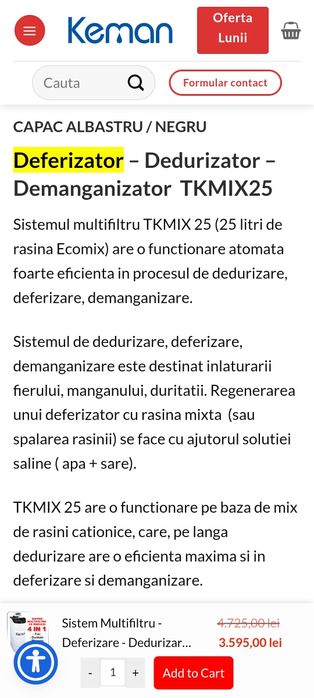 Filtru apa Keman TKMIX 25 dedurizare (anti fier, calcar, mangan, amoniu)