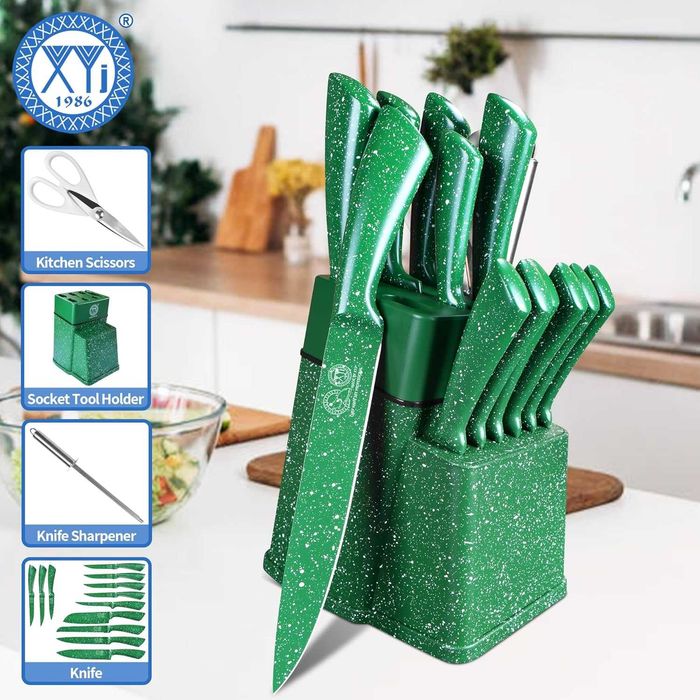 Комплект кухненски ножове с поставка неръждаема стомана, зелени