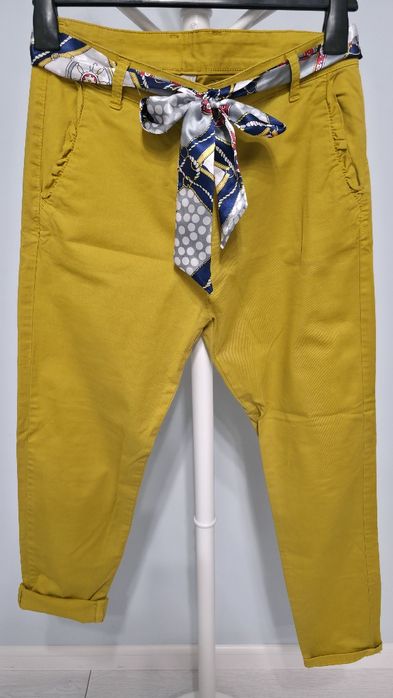 Pantaloni chino damă, galben mustar, curea satinata, marimea M
