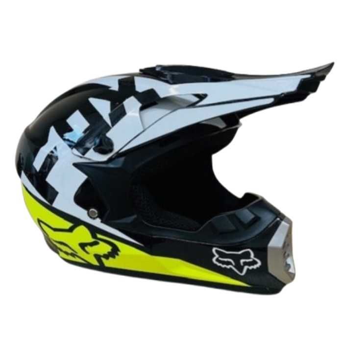 Кросова каска, за мотор, Атв, Вело, Гланц черен-бял с неон