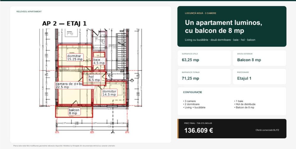 Apartament cu 3 camere si balcon de 8 mp, etajul 1