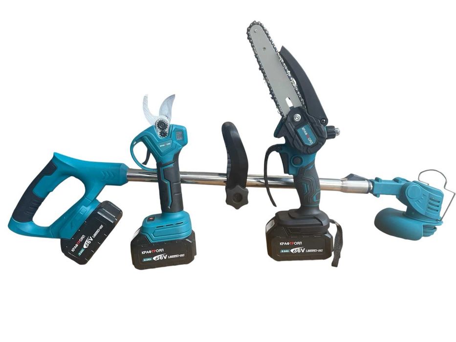 5в1 Акум. Духалка, ножица, резачка  с омасляване и тример+телеск. прът