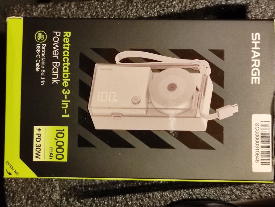 SHARGE Retractable 3-in-1 Power Bank(30W, 10K, Dot-Matrix Display)