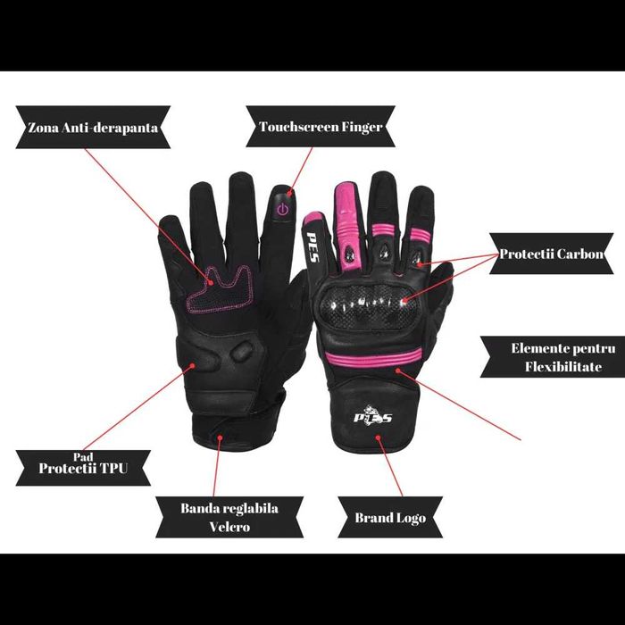 Mănuși Moto Damă PES Piele  Protecție Carbon, Touchscreen