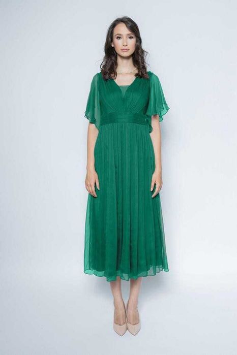 Vand rochie din matase naturala, verde, lunga noua cu eticheta